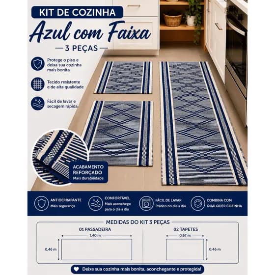 Tapete de Cozinha Zurick com Faixa – Kit 3 Peças- Zuri Decor
