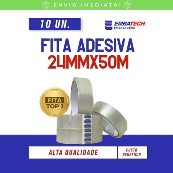 Kit 10 Fitas Adesivas Transp. 24x50m - Alta Resistência p/ Embalagens