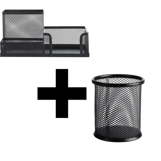 Kit Organizador Escritório Papelaria + Porta canetas Redondo  Cesto Lixeira Lixo Porta Canetas Lápis Metal Aramado