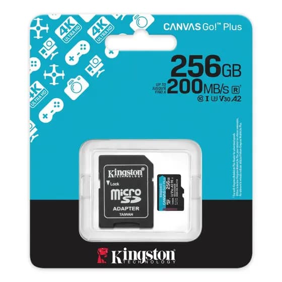Cartão de Memória MicroSD Kingston Canvas Go! Plus 256GB 200mb/s u3 V30 A2 Classe 10