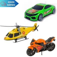 Kit 3 Brinquedos De Menino Carrinho + Helicóptero + Moto Infantil  Carro Motinha