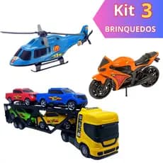 Caminhão Carreta Cegonha Com 4 Carrinhos + Moto + Helicóptero Brinquedos De Menino Infantil