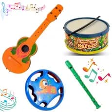 Brinquedo Kit 4 Instrumento Musical Infantil Tambor Violão Pandeiro Flauta Doce Brinquedos De Menino
