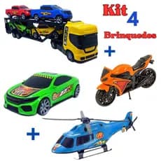Kit 4 Brinquedos De Menino Caminhão Carrinho Moto Helicóptero Brinquedo Infantil Cegonha Motinha