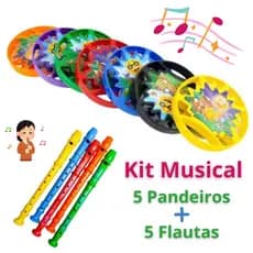 Kit Instrumento Musical Infantil Brinquedos De Menino 5 Pandeiro + 5 Flauta  Brinquedo Menina