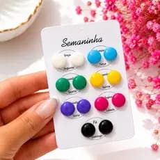 Semaninha 7 Pares de brincos botão resina pequeno feminino coloridos delicados cartela sortidos