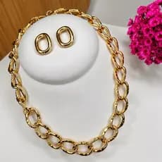 Colar Elo Corrente Gargantilha Feminina e Brinco Folheado a Ouro Bijuteria Elegante Sofisticado