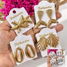 Kit 4 Pares Brincos Femininos Folheado Moda Praia Luxo Verão Estrela Concha Búzio Calda Peixe Sortido
