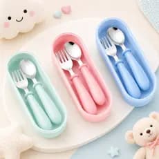 Conjunto Talheres Infantil Bebê Aço Inox Colher Garfo Com Estojo