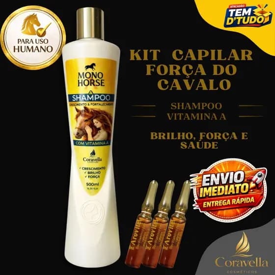 Kit Shampoo Mono Horse A 500ml + 3  Vitamina A Arovitel  2ml Combo Economico Uso Humano