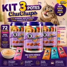 Kit 3 Potes ChuChups Creamy Petisco Gato 72 Unidades Misto Tipo Churu Chup Chup Cat Delicioso