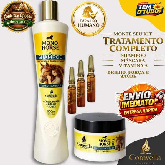 Mono Horse A Shampoo + Máscara + Vitamina A Arovitel Shampoo de Cavalo Uso Humano Monte Seu Combo
