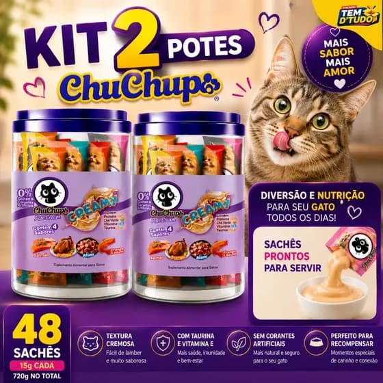 Kit 2 Potes ChuChups Creamy Petisco Gato 48 Unidades Misto Tipo Churu Chup Chup Cat Delicioso