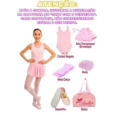 Kit Ballet Balé Infantil Uniforme/ Collant Regata + Saia + Meia + Sapatilha + Redinha + Bolsa