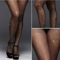 Meia Calça Arrastão Com Strass Brilho Trama Aberta Rede Moda