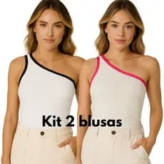 Kit 2 Blusas Canelada Regata Feminina Nula Manga Bicolor tecido premium