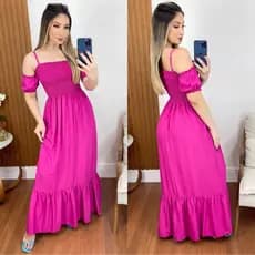 Vestido Feminino longo ciganinha maga bufante alça ajustável tendencia moda evangelica lastex