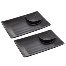 KIT 2 Pratos para Comida Japonesa Sushi Temaki Molheira Melamina Preto 19CM