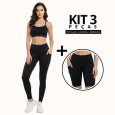 KIT Fitness 3 Peças Legging Poliamida Premium + Top Alça + Bermuda Poliamida Premium
