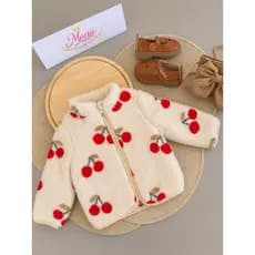 Casaco de Tricô bebe infantil menina Floral Forrado Térmico de Manga Longa Grossa estampa de cereja