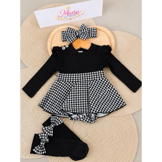 Macacão  Romper Vestido Bebês Meninas Manga Comprida Com Estampa Houndstooth E Faixa De Cabeça Meias Longas