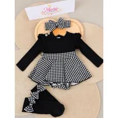 Macacão  Romper Vestido Bebês Meninas Manga Comprida Com Estampa Houndstooth E Faixa De Cabeça Meias Longas