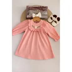 Vestido bebê manga longa gola redonda tridimensional com bordado