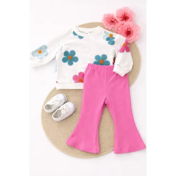 Conjunto moletom bebê infantil estampa floral e calça flare rosa