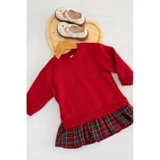 Vestido moletom infantil manga longa gola redonda com babado xadrez plissado