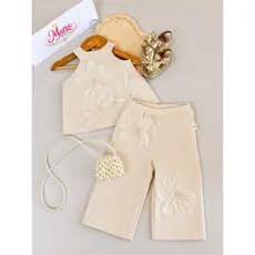 Conjunto top e calça decoração floral 3D