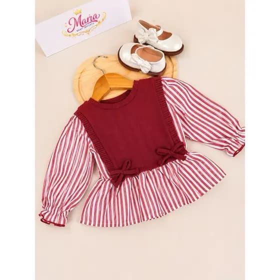 Blusa manga longa bufante  infantil bebe menina  com casaco de tricô e listras vermelhas