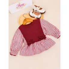 Blusa manga longa bufante  infantil bebe menina  com casaco de tricô e listras vermelhas