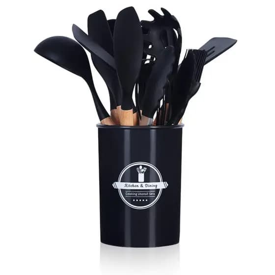 Conjunto de Utensílios de Cozinha 12Pçs - Silicone e Cabo de Madeira- Preto / Madeira