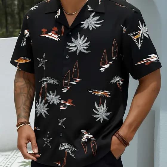 LOJAKRYSTAL .Camisa Casual de Manga Curta Froral Tropical para Homens, para Férias de Verão Gráfica com colarinho abotoa