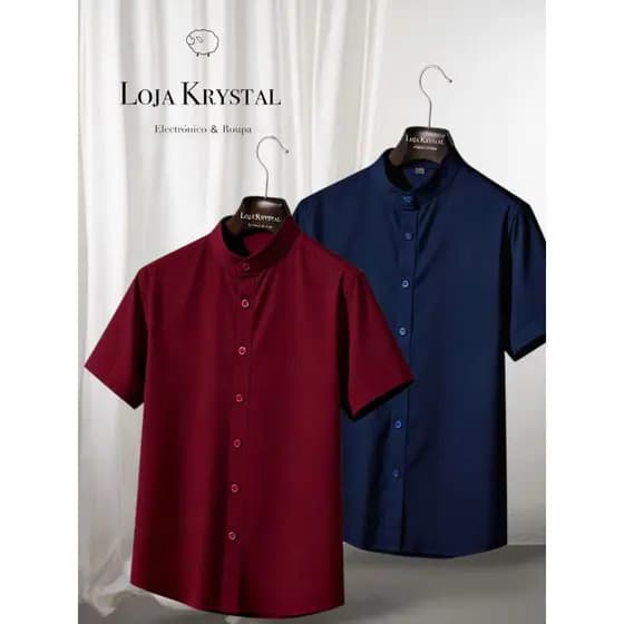 LK . KIT 2 Camisa Gola Padre Azul Marinho Luxo Masculina Manga Curta ViscoLinho