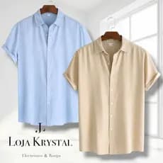 LK  Camisa Masculino ViscoLinho Manga Curta Social Casual Slim Fit Verão Elegante