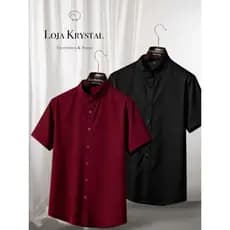 LK . KIT 2 Camisa Gola Padre  Preto   Luxo Masculina Manga Curta ViscoLinho