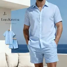 LK  Conjunto crepinho Masculino Camisa Botão Bermuda Mauricinho Casual Slim Fit