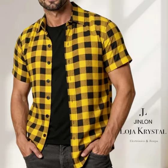 LK  Camisa xadrez Viscolinho masculina, manga curta