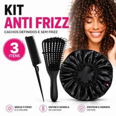 Kit Day After Cabelos Cacheado Escova Polvo, Pente 3 Fileiras e Touca Cetim Antifrizz Cores Sortidas