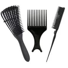 Kit Cuidados Para Cabelos Cacheados & Crespos CORES SORTIDAS - Escova Polvo - Pente tres fileiras & Pente Garfo.