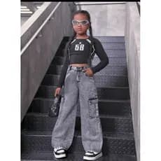 wide leg grafite cargo jeans infantil e adulto tamanho ( 6 8 10 12 14 16 34 38 40 42 44 )