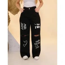 Calça wide leg jeans pantalona feminina cor preta estampada