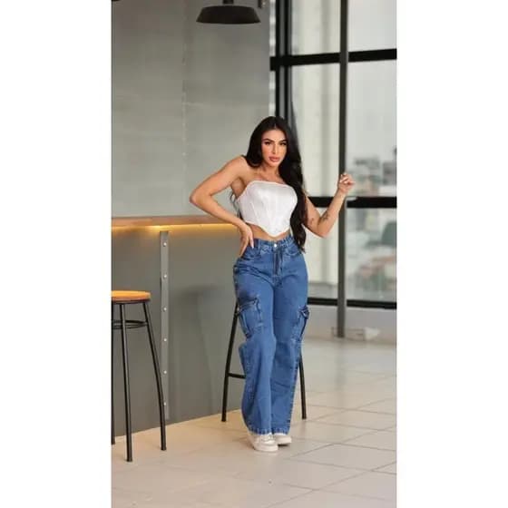 Calça cargo marmorizada jeans feminina