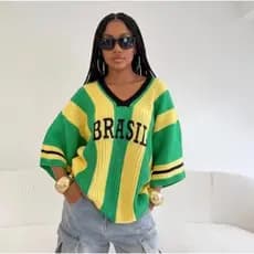 Blusa Tricot Brasil Feminina Manga Ampla Decote V Confortável Premium