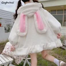 Moletom Feminino Cor Sólida Zíper Manga Longa Lanterna Com Capuz Coelho Orelhas Lolita Fofo Garota Harajuku Estilo Quente Largo Jaqueta