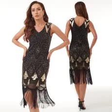 Vestidos De Lantejoulas Vintage Com Franjas E Decote Em V Noite