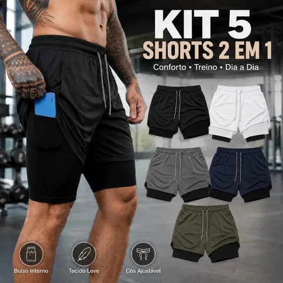 Kit 5 Shorts Masculino 2 em 1 Dry Fit Sem Estampa com Forro Interno Bolso Celular Academia Treino Corrida