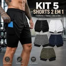Kit 5 Shorts Masculino 2 em 1 Dry Fit Sem Estampa com Forro Interno Bolso Celular Academia Treino Corrida