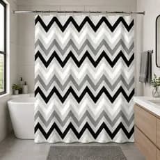 Cortina Box Zig Zag Preto Branco PVC Impermeável Banheiro 138x198cm Com Ganchos